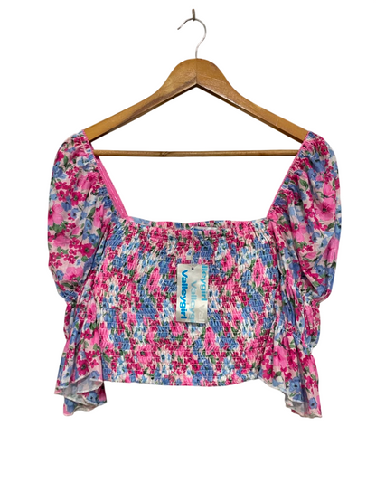 VALLEY GIRL |M| BUST 13| A22| PINK FLORAL SMOCKED SQUARE-NECK CROP TOP | CHIC RUFFLE SHORT-SLEEVE TOP