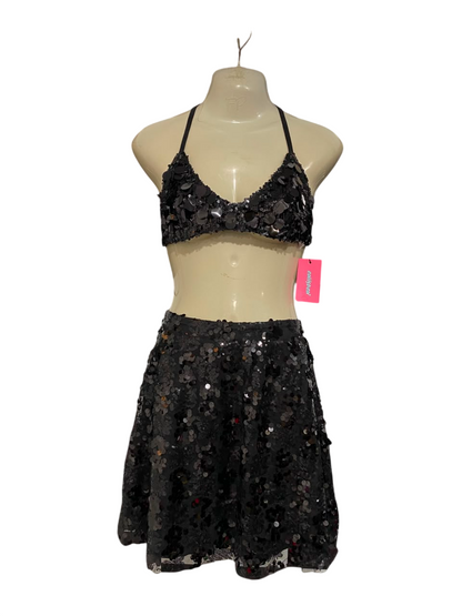ATMOS & HERE |S| A22| BLACK HALTER SEQUIN CROP TOP AND SKIRT TWO-PIECE SET | GLAMOROUS PARTY OUTFIT