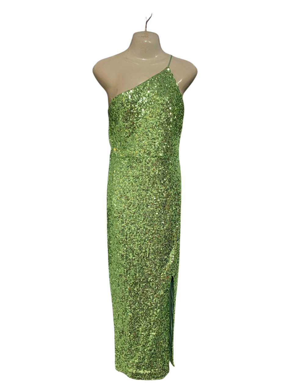 PILGRIM |L| BUST 19| A22| LIME GREEN ONE-SHOULDER SEQUIN SLIT MAXI DRESS | GLAMOROUS PARTY EVENING GOWN