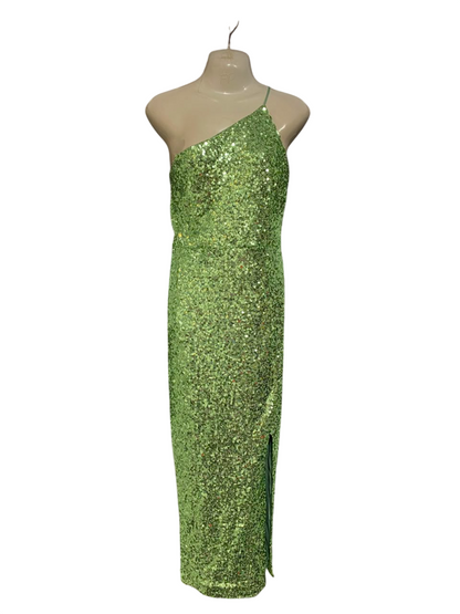PILGRIM |L| BUST 19| A22| LIME GREEN ONE-SHOULDER SEQUIN SLIT MAXI DRESS | GLAMOROUS PARTY EVENING GOWN