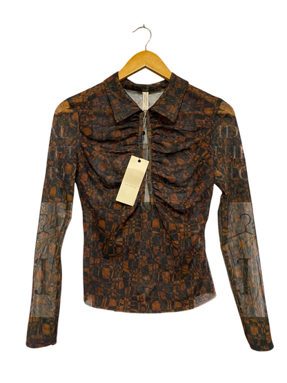 BEC BRIDGE |S| BUST 15| A22| BROWN ABSTRACT GEOMETRIC MESH COLLARED TOP | RUFFLED LONG-SLEEVE SHEER BLOUSE