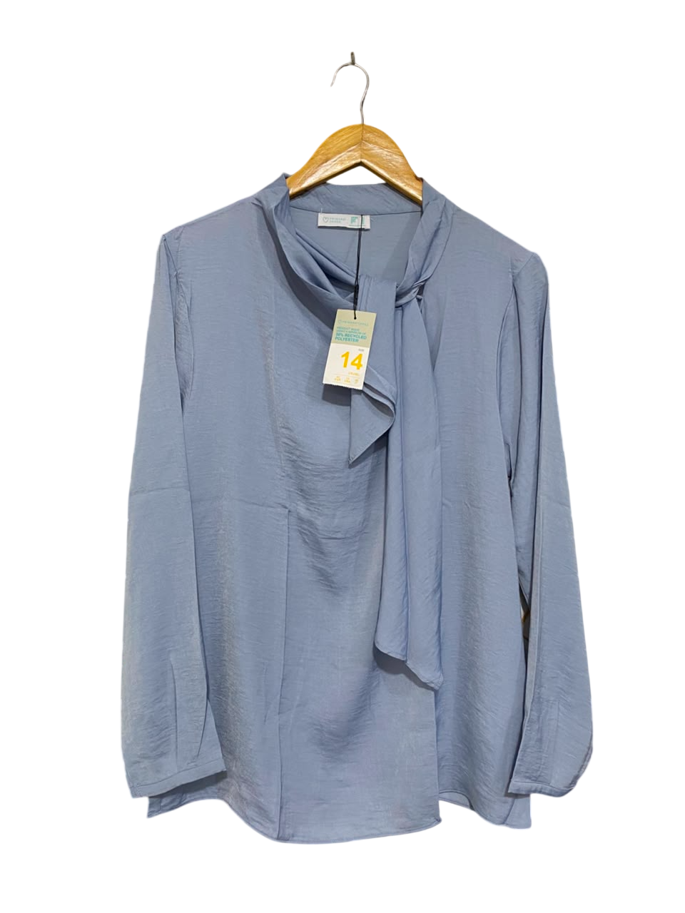 PRIMARK CARES |L| BUST 20| A22| DUSTY BLUE TIE-NECK SATIN BLOUSE | ELEGANT LONG-SLEEVE WORKWEAR TOP