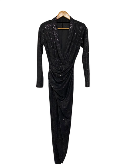 |S| BUST 16| A22| BLACK GLITTER SEQUIN WRAP-STYLE LONG-SLEEVE MAXI DRESS | ELEGANT EVENING PARTY DRESS