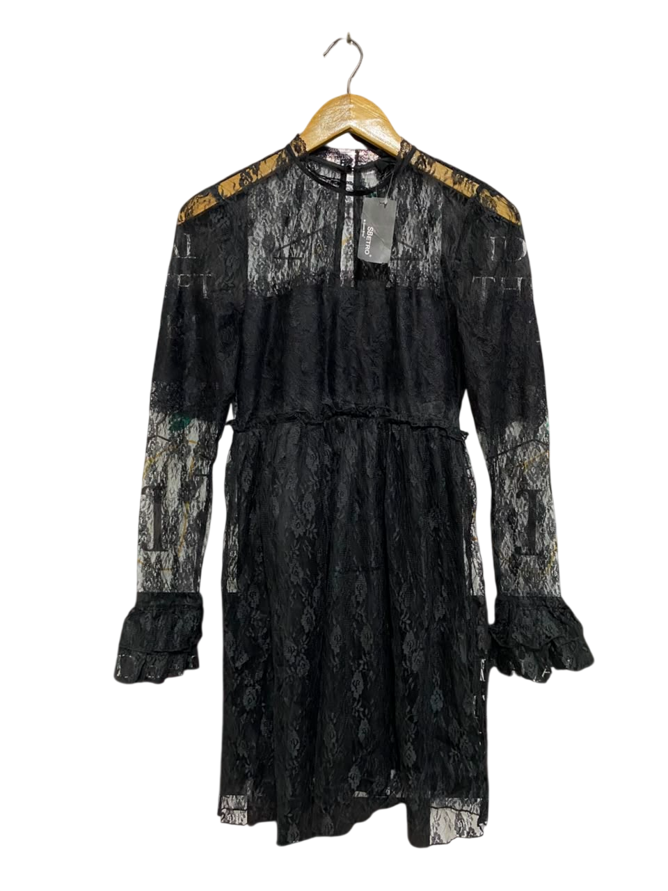 SB ETRO |M| BUST 16| A22| BLACK SHEER LACE LONG-SLEEVE MIDI DRESS | ELEGANT HIGH-NECK PARTY DRESS