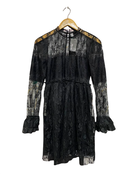 SB ETRO |M| BUST 16| A22| BLACK SHEER LACE LONG-SLEEVE MIDI DRESS | ELEGANT HIGH-NECK PARTY DRESS