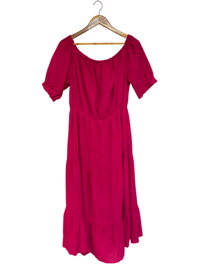 SOON |M| BUST 17| A22| MAGENTA PINK OFF-SHOULDER TIERED MIDI DRESS | VIBRANT SHORT-SLEEVE SUMMER DRESS