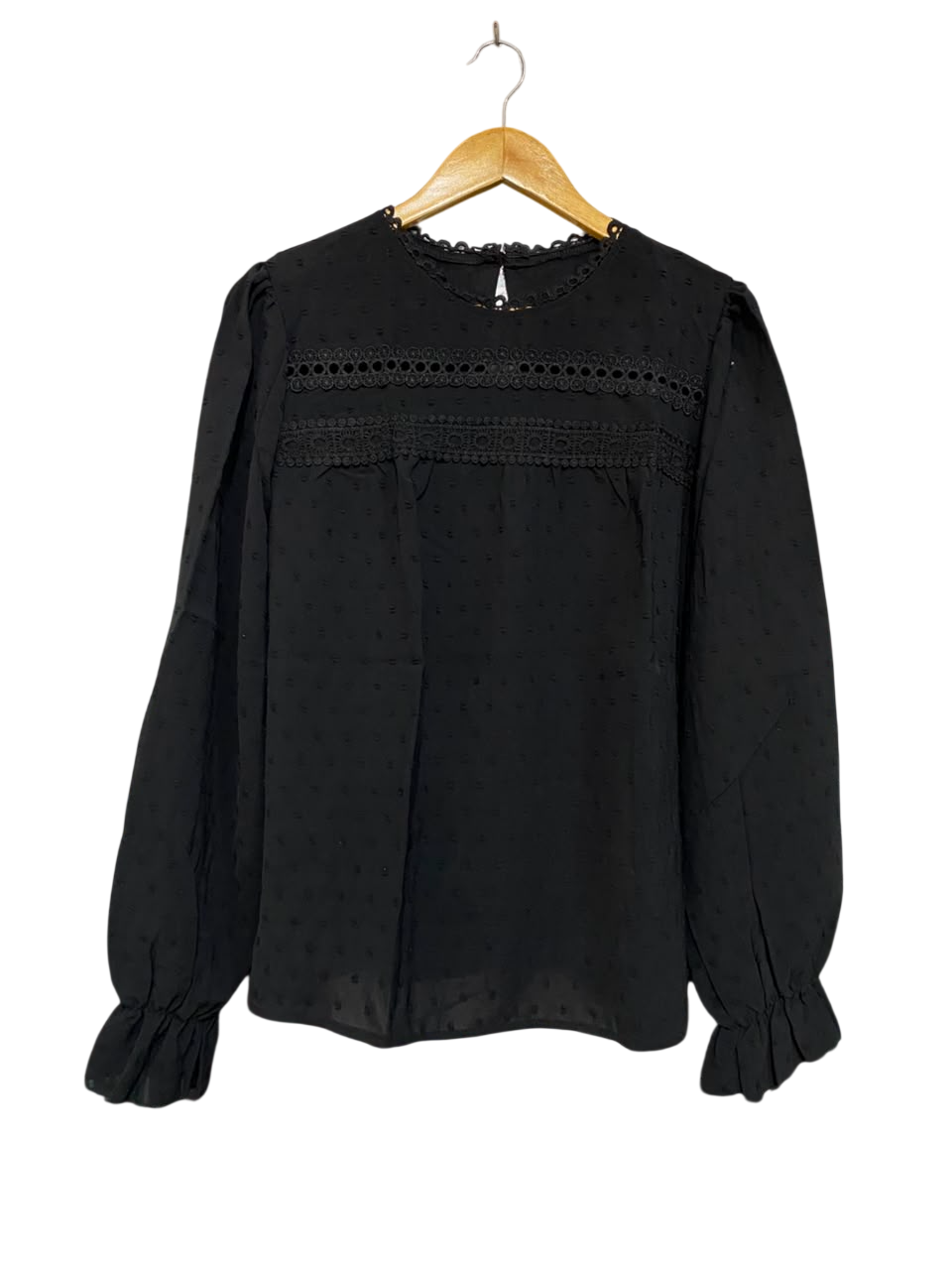 SHEIN |XL| BUST 21| A22| BLACK SWISS DOT LACE YOKE BLOUSE | ELEGANT LONG-SLEEVE RUFFLE CUFF TOP