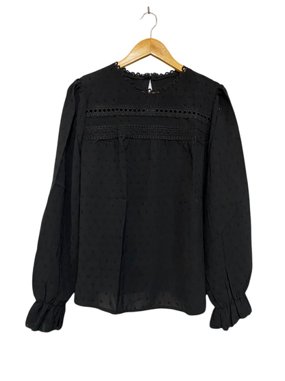 SHEIN |XL| BUST 21| A22| BLACK SWISS DOT LACE YOKE BLOUSE | ELEGANT LONG-SLEEVE RUFFLE CUFF TOP