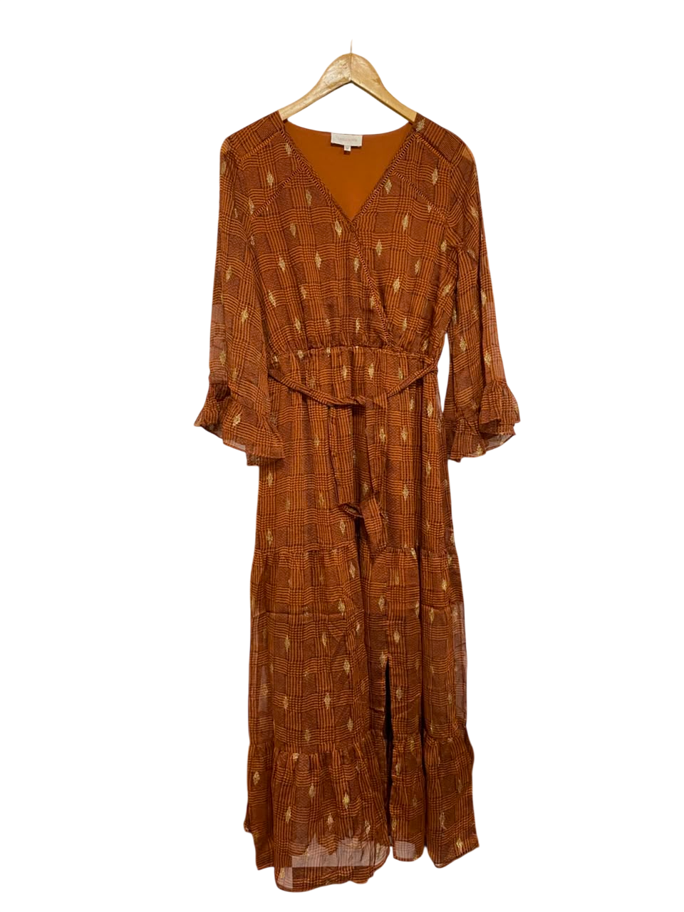 GRACE & MILA |M| BUST 18| A22| RUST ORANGE METALLIC THREAD PLAID MIDI DRESS | V-NECK TIERED RUFFLE LONG-SLEEVE DRESS