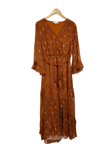 GRACE & MILA |M| BUST 18| A22| RUST ORANGE METALLIC THREAD PLAID MIDI DRESS | V-NECK TIERED RUFFLE LONG-SLEEVE DRESS