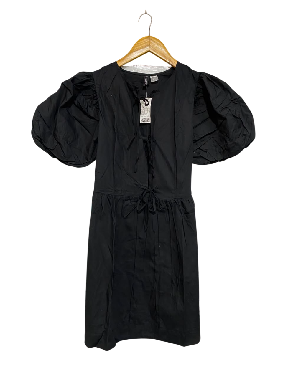H&M |S| BUST 18| A22| BLACK PUFF-SLEEVE TIE-FRONT MINI DRESS | DRAMATIC STATEMENT PARTY DRESS