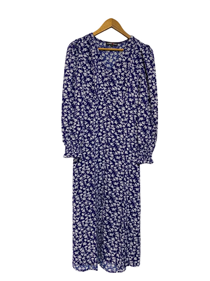 CAMEO ROSE |S| BUST 17| A22| NAVY BLUE WHITE FLORAL MIDI DRESS | V-NECK LONG-SLEEVE CASUAL DRESS