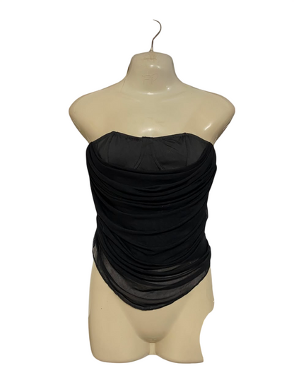 SHEIN |S| BUST 14|  A22| BLACK STRAPLESS RUFFLED BUSTIER CORSET TOP | CHIC DRAPED MESH PARTY BODYSUIT