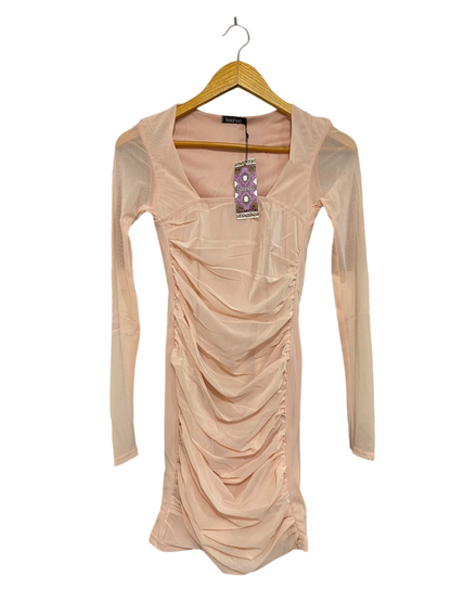 BOOHOO |S| BUST 13| A22| BLUSH PINK RUFFLED MESH LONG-SLEEVE BODYCON DRESS | CHIC PARTY MINI DRESS