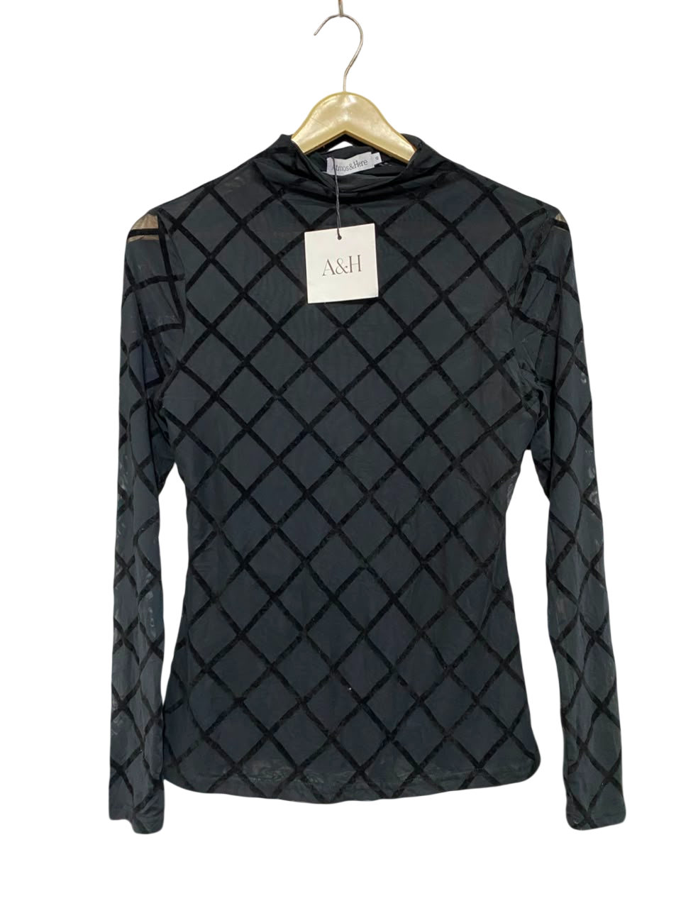 ATMOS & HERE |M| BUST 15| A22| BLACK MESH DIAMOND FLOCK LONG-SLEEVE TOP | CHIC HIGH-NECK TRANSPARENT BLOUSE