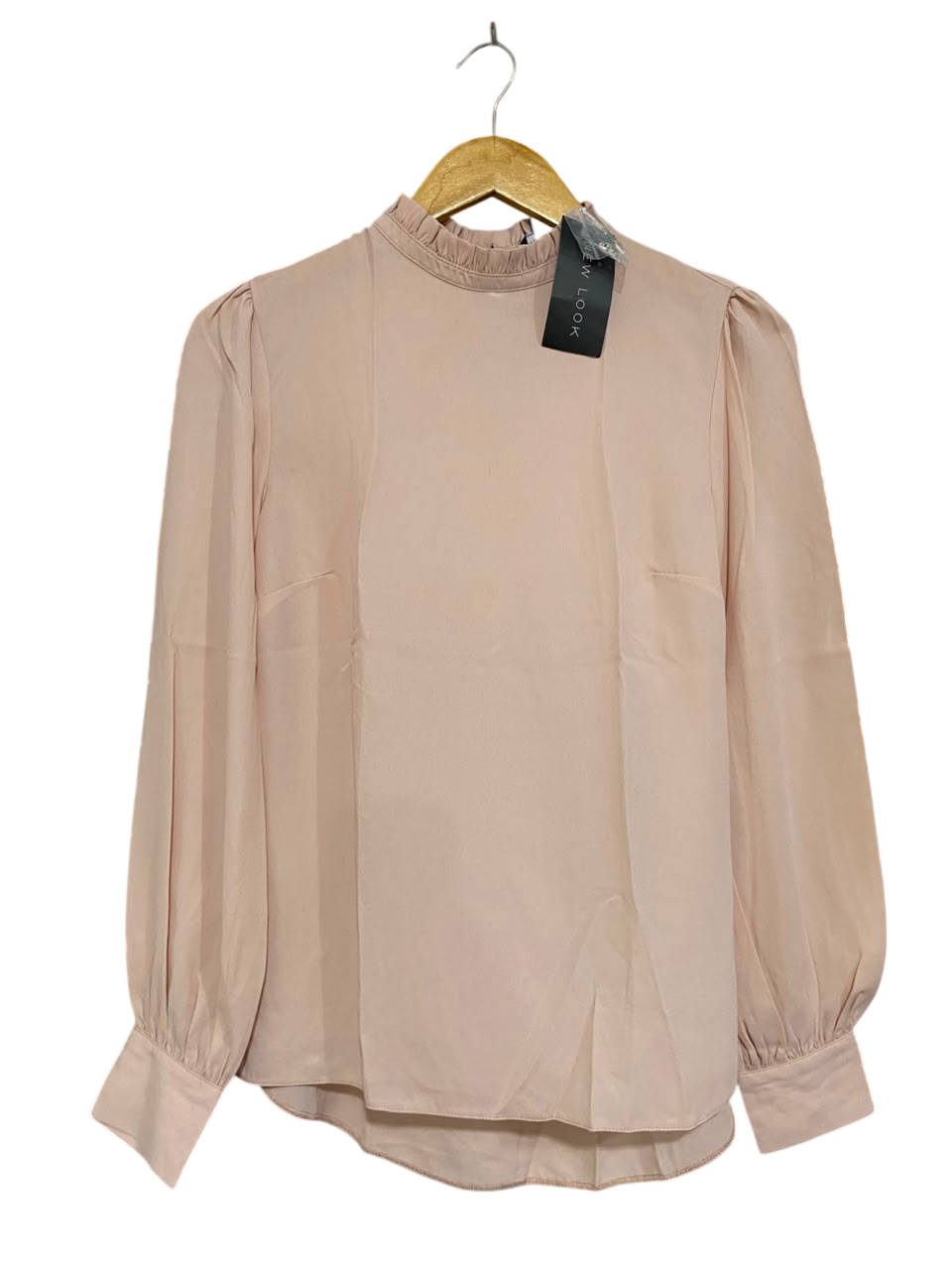 NEW LOOK |S| BUST 17| A22| BLUSH PINK RUFFLE HIGH-NECK BLOUSE | ELEGANT LONG-SLEEVE BISHOP SLEEVE TOP