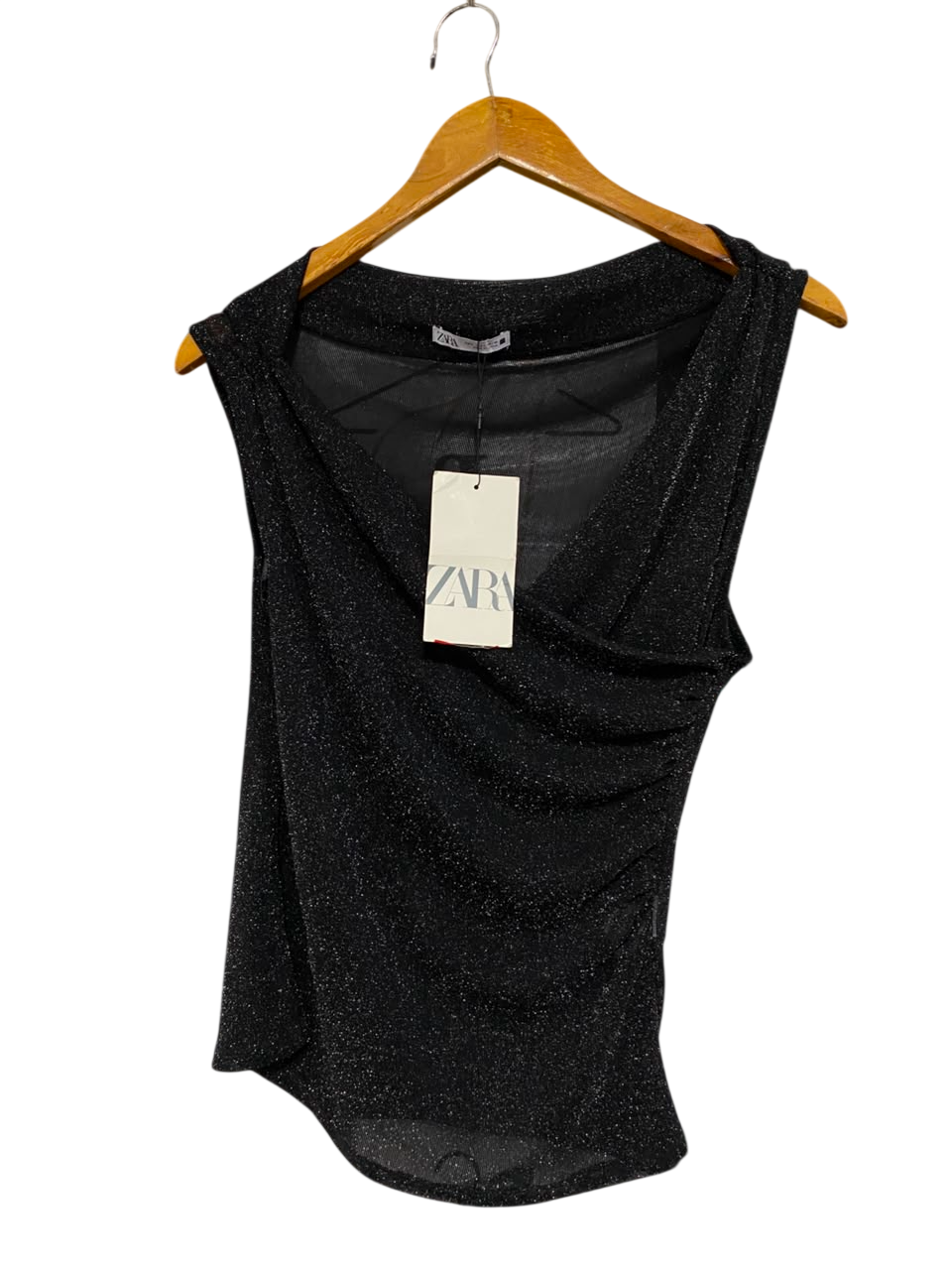 ZARA |L| BUST 15| A22| BLACK SPARKLY COWL-NECK TOP | SHIMMERING SLEEVELESS PARTY BLOUSE