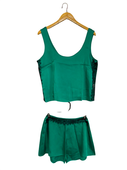 GEORGE |M| A22| EMERALD GREEN LACE-TRIM SATIN LOUNGE SET | TANK TOP AND SHORTS SLEEPWEAR