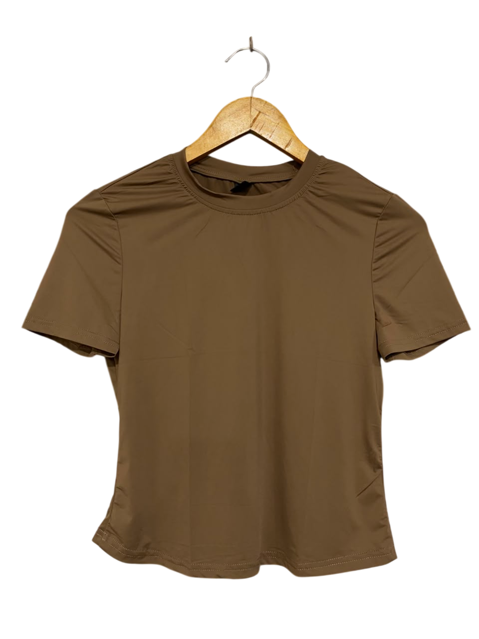 SHEIN |S| BUST 15| A22| BROWN SHORT-SLEEVE GATHERED NECK TOP | CHIC CASUAL EVERYDAY T-SHIRT