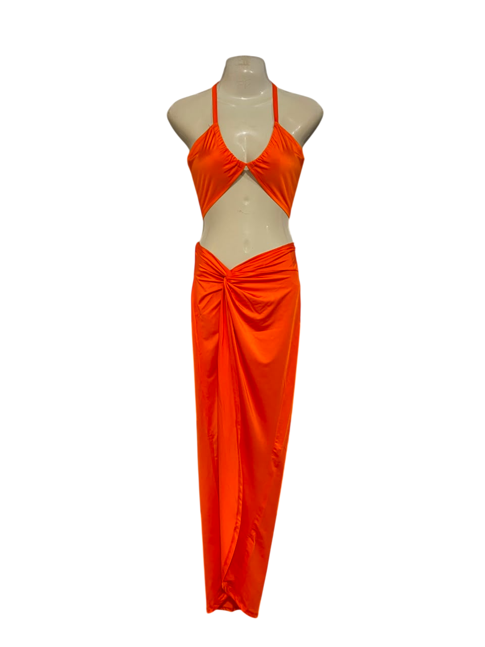 SHEIN |XS| A22| BRIGHT ORANGE HALTER CUTOUT TWO-PIECE MAXI DRESS | VIBRANT SLIT SARONG SKIRT SET