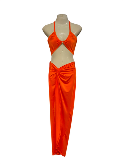SHEIN |XS| A22| BRIGHT ORANGE HALTER CUTOUT TWO-PIECE MAXI DRESS | VIBRANT SLIT SARONG SKIRT SET