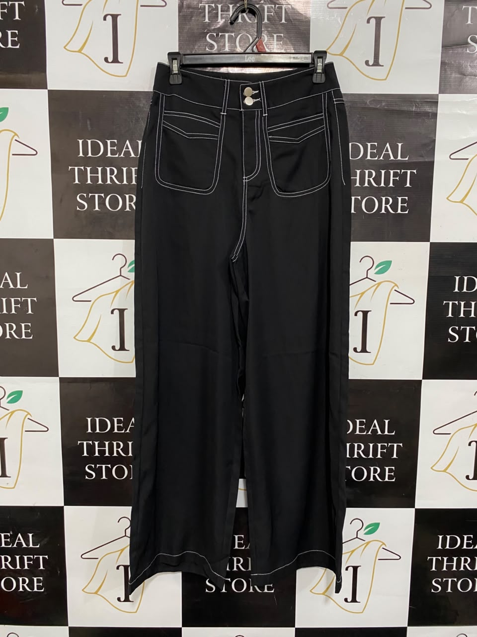 |L| WAIST 27| A22| BLACK WIDE-LEG TROUSERS WITH CONTRAST STITCHING | HIGH-WAISTED UTILITY PANTS