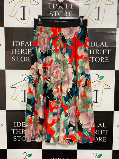 GEORGE |M| WAIST 28| A22| VIBRANT FLORAL PRINT MAXI SKIRT | BOLD RED AND MULTI-COLOR PLEATED LONG SKIRT