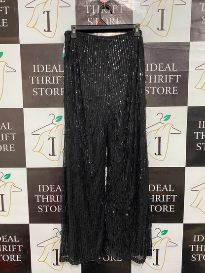 SHOWPO |M| WAIST 28| A22| BLACK SEQUIN WIDE-LEG TROUSERS | GLAMOROUS SPARKLY FULL-LENGTH PARTY PANTS