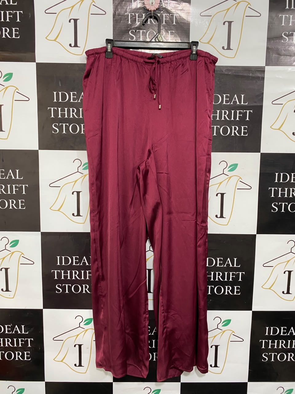 GEORGE |XXL| WAIST 36| A22| MAROON SATIN DRAWSTRING WIDE-LEG TROUSERS | LUXURIOUS SILKY CASUAL PANTS