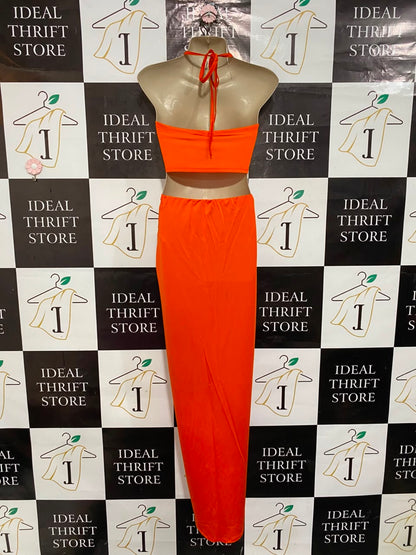 SHEIN |XS| A22| BRIGHT ORANGE HALTER CUTOUT TWO-PIECE MAXI DRESS | VIBRANT SLIT SARONG SKIRT SET
