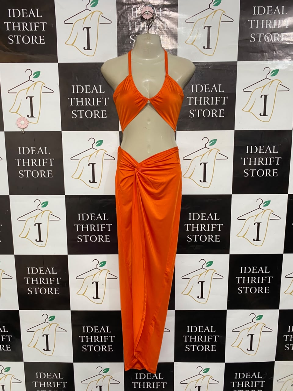 SHEIN |XS| A22| BRIGHT ORANGE HALTER CUTOUT TWO-PIECE MAXI DRESS | VIBRANT SLIT SARONG SKIRT SET