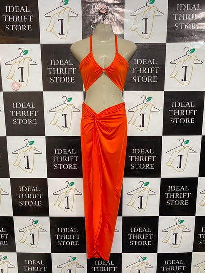 SHEIN |XS| A22| BRIGHT ORANGE HALTER CUTOUT TWO-PIECE MAXI DRESS | VIBRANT SLIT SARONG SKIRT SET