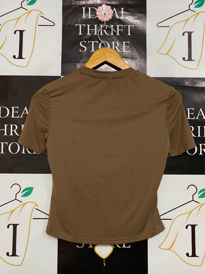 SHEIN |S| BUST 15| A22| BROWN SHORT-SLEEVE GATHERED NECK TOP | CHIC CASUAL EVERYDAY T-SHIRT