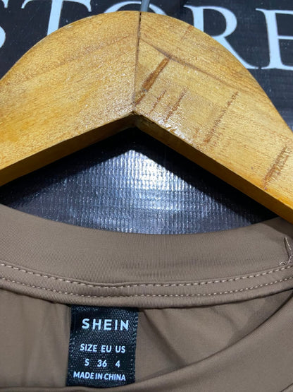 SHEIN |S| BUST 15| A22| BROWN SHORT-SLEEVE GATHERED NECK TOP | CHIC CASUAL EVERYDAY T-SHIRT