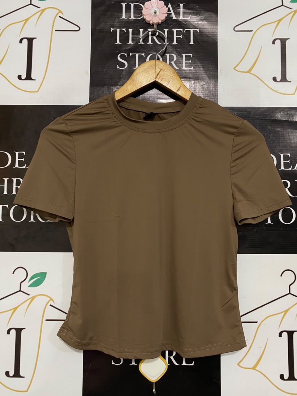 SHEIN |S| BUST 15| A22| BROWN SHORT-SLEEVE GATHERED NECK TOP | CHIC CASUAL EVERYDAY T-SHIRT