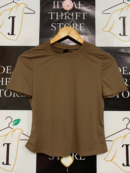 SHEIN |S| BUST 15| A22| BROWN SHORT-SLEEVE GATHERED NECK TOP | CHIC CASUAL EVERYDAY T-SHIRT