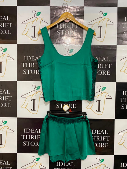 GEORGE |M| A22| EMERALD GREEN LACE-TRIM SATIN LOUNGE SET | TANK TOP AND SHORTS SLEEPWEAR