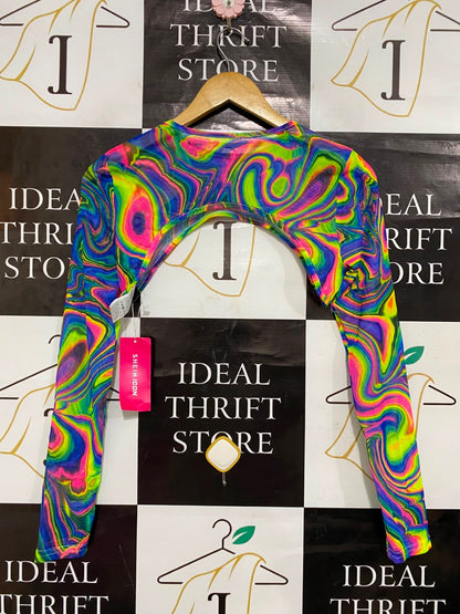 SHEIN |M| BUST 14| A22| NEON SWIRL PRINT MESH BOLERO SHUG | LONG-SLEVE CROPPED TOP