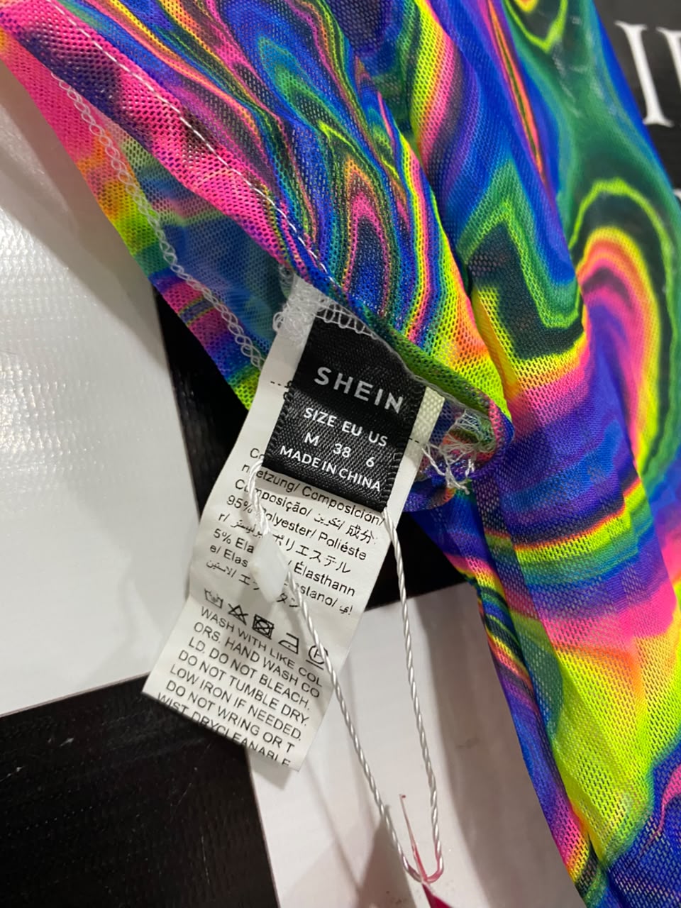 SHEIN |M| BUST 14| A22| NEON SWIRL PRINT MESH BOLERO SHUG | LONG-SLEVE CROPPED TOP
