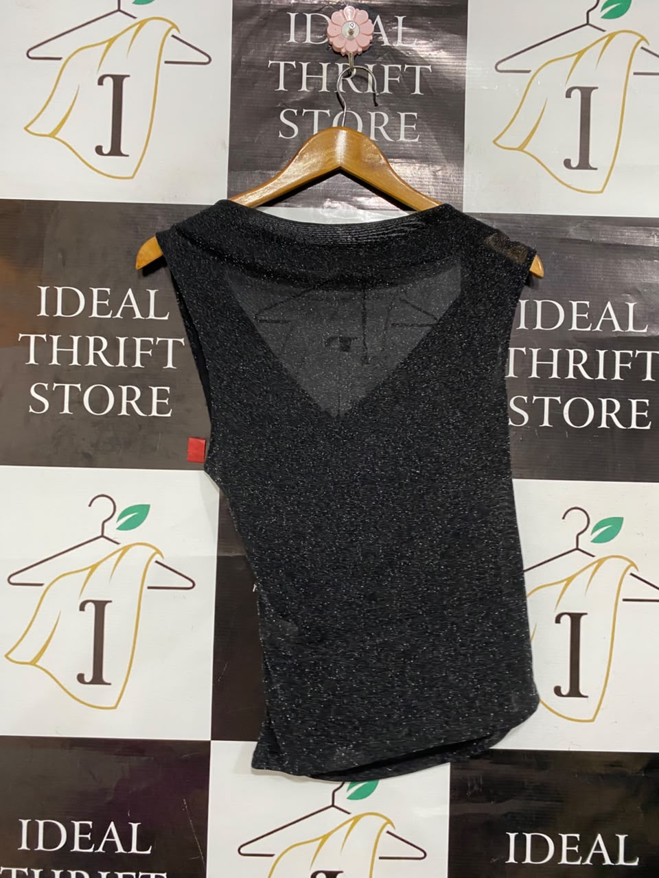 ZARA |L| BUST 15| A22| BLACK SPARKLY COWL-NECK TOP | SHIMMERING SLEEVELESS PARTY BLOUSE