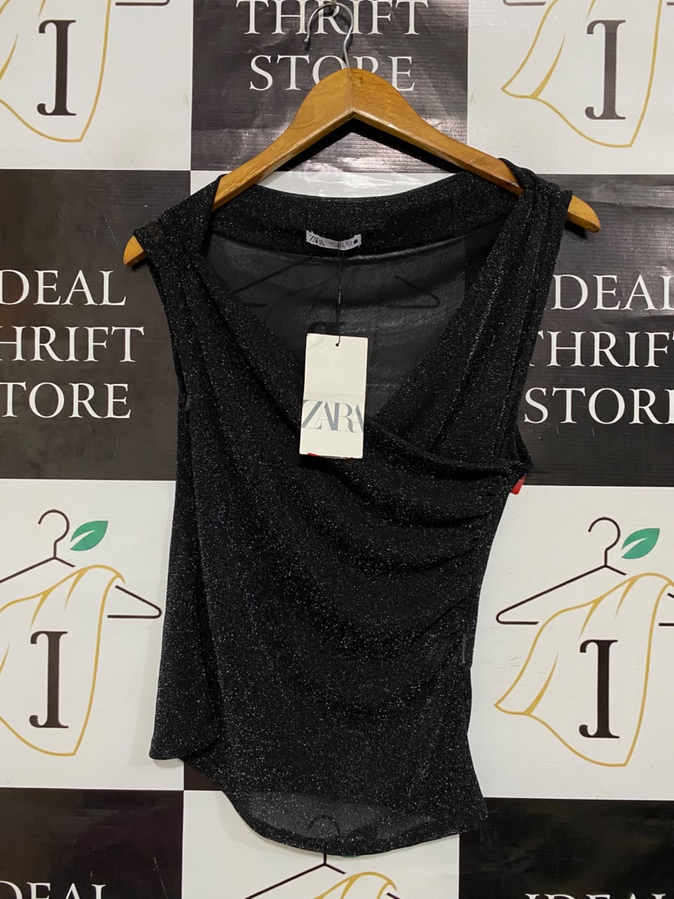 ZARA |L| BUST 15| A22| BLACK SPARKLY COWL-NECK TOP | SHIMMERING SLEEVELESS PARTY BLOUSE