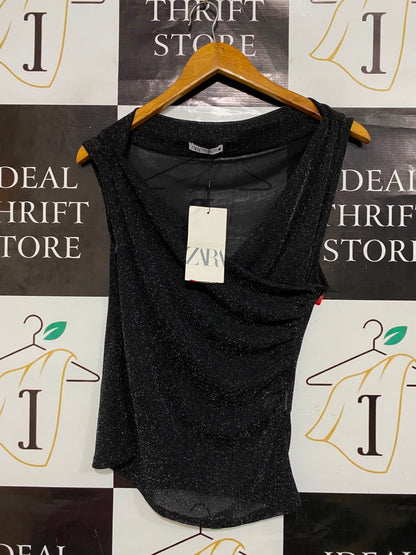 ZARA |L| BUST 15| A22| BLACK SPARKLY COWL-NECK TOP | SHIMMERING SLEEVELESS PARTY BLOUSE