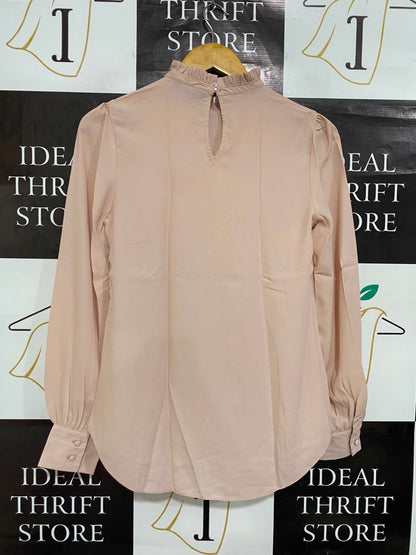 NEW LOOK |S| BUST 17| A22| BLUSH PINK RUFFLE HIGH-NECK BLOUSE | ELEGANT LONG-SLEEVE BISHOP SLEEVE TOP