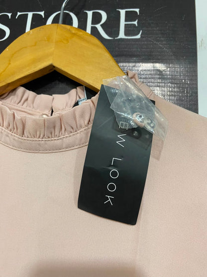 NEW LOOK |S| BUST 17| A22| BLUSH PINK RUFFLE HIGH-NECK BLOUSE | ELEGANT LONG-SLEEVE BISHOP SLEEVE TOP