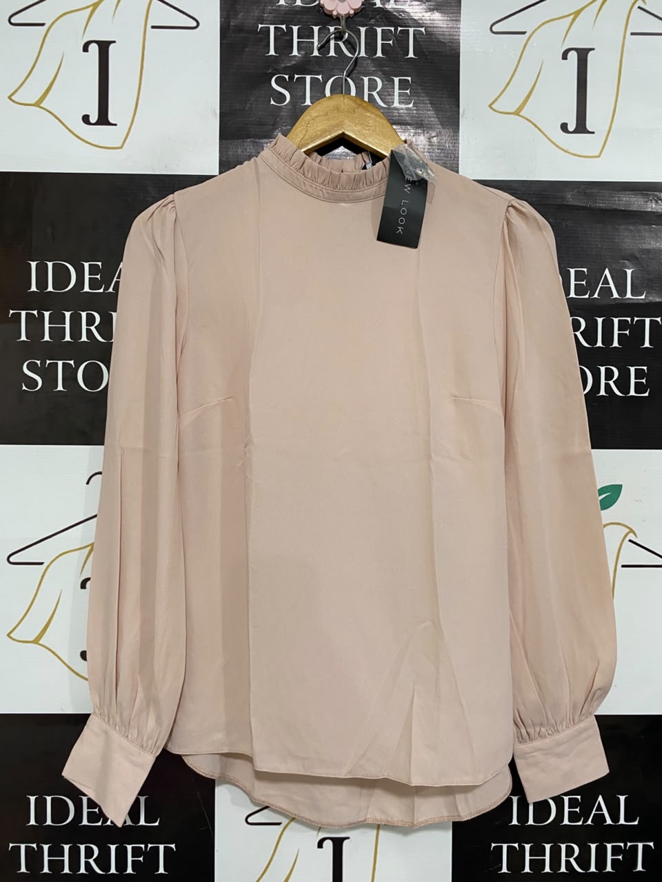 NEW LOOK |S| BUST 17| A22| BLUSH PINK RUFFLE HIGH-NECK BLOUSE | ELEGANT LONG-SLEEVE BISHOP SLEEVE TOP