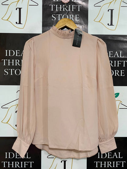 NEW LOOK |S| BUST 17| A22| BLUSH PINK RUFFLE HIGH-NECK BLOUSE | ELEGANT LONG-SLEEVE BISHOP SLEEVE TOP
