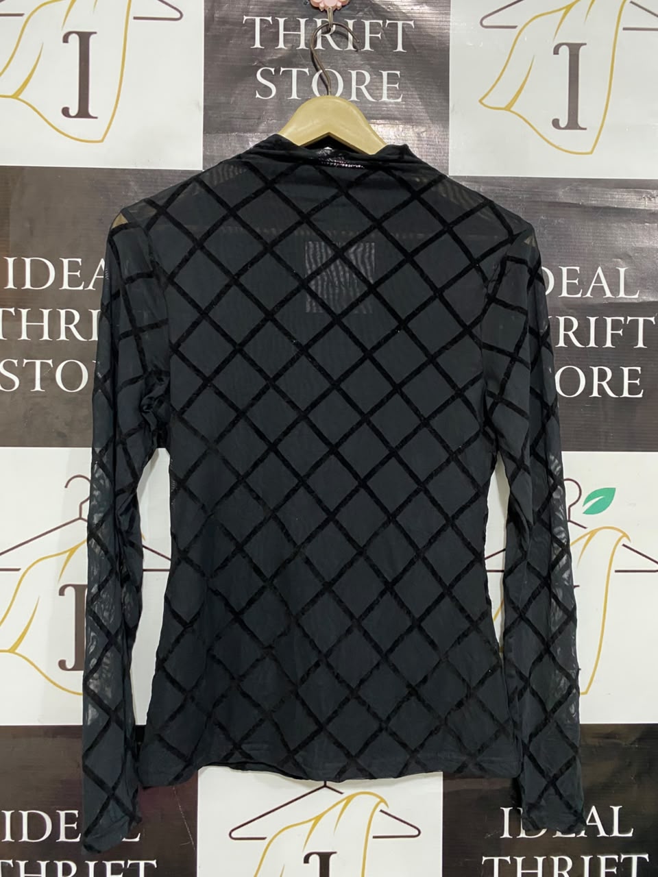 ATMOS & HERE |M| BUST 15| A22| BLACK MESH DIAMOND FLOCK LONG-SLEEVE TOP | CHIC HIGH-NECK TRANSPARENT BLOUSE
