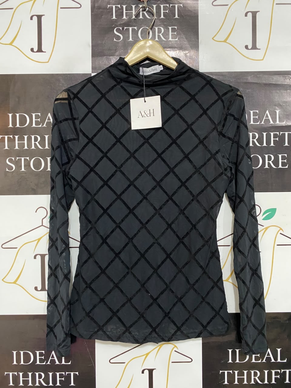 ATMOS & HERE |M| BUST 15| A22| BLACK MESH DIAMOND FLOCK LONG-SLEEVE TOP | CHIC HIGH-NECK TRANSPARENT BLOUSE