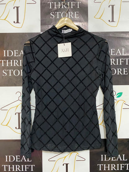 ATMOS & HERE |M| BUST 15| A22| BLACK MESH DIAMOND FLOCK LONG-SLEEVE TOP | CHIC HIGH-NECK TRANSPARENT BLOUSE