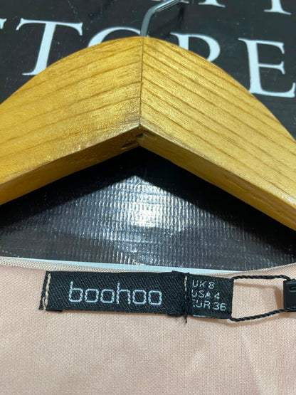 BOOHOO |S| BUST 13| A22| BLUSH PINK RUFFLED MESH LONG-SLEEVE BODYCON DRESS | CHIC PARTY MINI DRESS